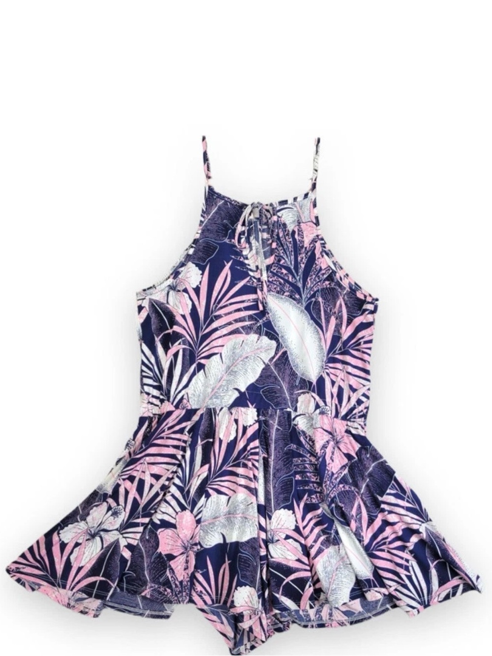 VENUS Tropical Hibiscus Palm Print Romper XS Blue Pink Vacation Resort Boho - Picture 2 of 2